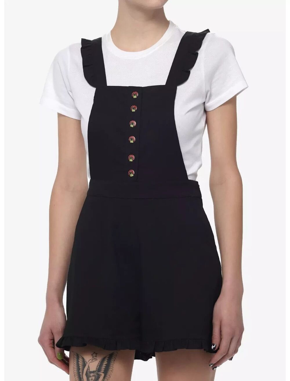 HOT TOPIC Thorn & Fable Black Mushroom Button Ruffle Romper Shortalls SIZE SMALL